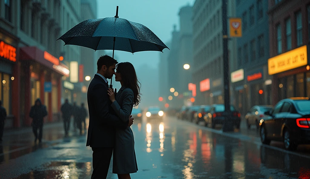 The Umbrella Scene: Ava’s umbrella flies away in the wind, and the camera follows its chaotic, swirling path through the rain-soaked city. Cut to Noah as he catches the umbrella, and the camera captures their first eye contact—intimate close-ups highlight the spark of their connection.