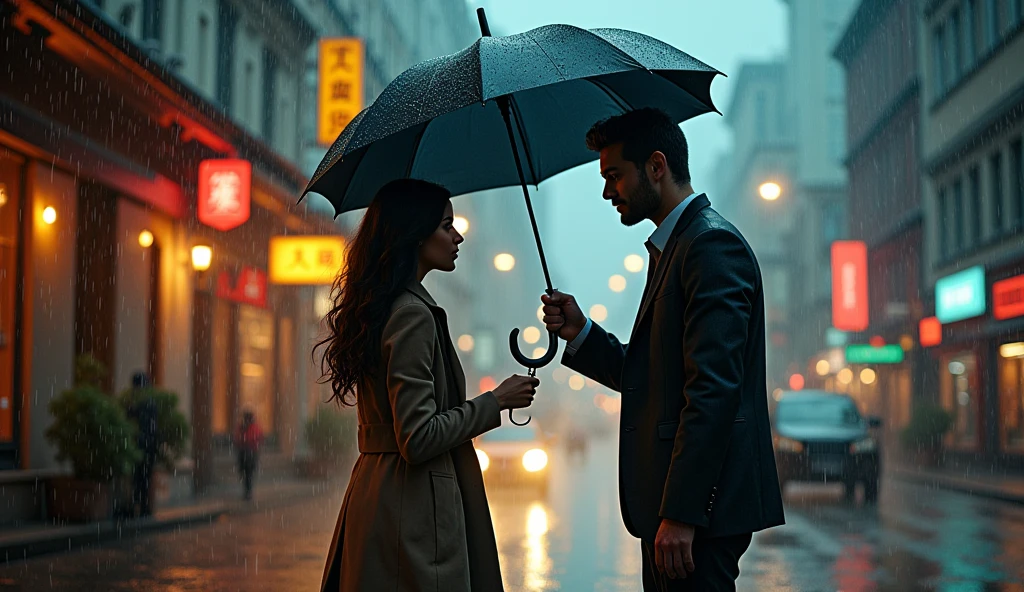 The Umbrella Scene: Ava’s umbrella flies away in the wind, and the camera follows its chaotic, swirling path through the rain-soaked city. Cut to Noah as he catches the umbrella, and the camera captures their first eye contact—intimate close-ups highlight the spark of their connection.