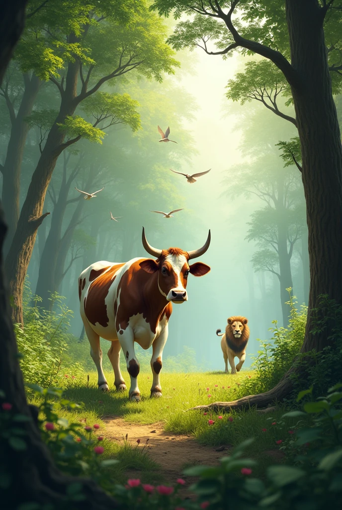 A cow is going in forest where many type small and big trees on the birds ary fly when cow some distance तय करती ह तो lion आता ह 