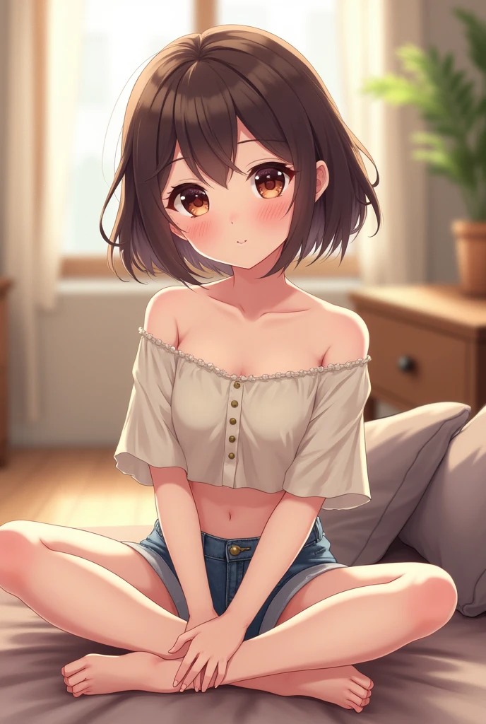 sweet cute girl wearing very loose dwon shoulder crop top sitting in relax pose with short smile. i. realistic kitte. in biside in the room