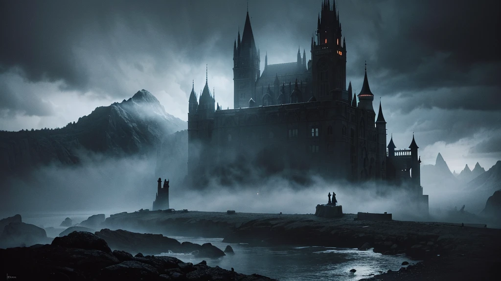 a dark fantasy scene, dramatic moody lighting, ornate castle on a cliff, fog swirling around, ghostly figures in the distance, dark clouds in the sky, full moon, dramatic atmosphere, intricate details, cinematic composition, muted color palette, gothic architecture, dramatic lighting and shadows, highly detailed, masterpiece, photorealistic, 8k