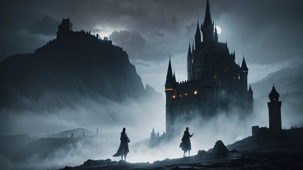 a dark fantasy scene, dramatic moody lighting, ornate castle on a cliff, fog swirling around, ghostly figures in the distance, dark clouds in the sky, full moon, dramatic atmosphere, intricate details, cinematic composition, muted color palette, gothic architecture, dramatic lighting and shadows, highly detailed, masterpiece, photorealistic, 8k