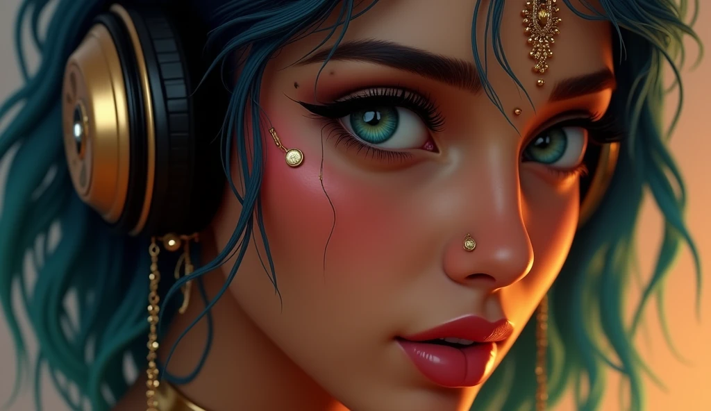 Indian light skin, 22yo .fancy hairs facial jewelry bad style tanned skin face tattoo on face beauty mark. Headphone is enjoying the music.PERFECT MASTERPIECE, EXTREMELY DETAILED CG UNITY 32K UHD QUALITY RESOLUTION WALLPAPER, PHOTOREALISTIC, RAW PHOTO, PERFECT PHOTOGENIC CLARITY, OFFICIAL ART, AWARD-WINNING PORTRAIT, ULTRA HYPER-REALISTIC, ULTRA HYPER-DETAILED, SHINY REALISTIC SKIN, RAY TRACING, UNREAL ENGINE 5.8K, GLOWING AMBIENT LIGHT, Arabian girl face portrait lips bite mouth tongue