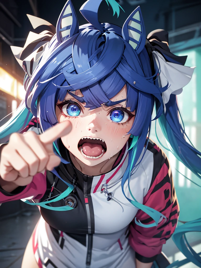 (​masterpiece、top-quality、hight resolution、Unity 8k、extremely details CG:1,Best Picture), Twin_Turbo_Umamusume, aqua hair, twintails, ((heterochromia, purple eyes, blue eyes, horse ears, horse girl)), sharp teeth,  Adult video actress just after filming, Her face is red with anger and her gestures are intense, expressing her rage. (Sweat), Yelling, Raising one’s voice, Furrowing between the eyes, Turning red in the face, Frowning, Furious, abusive, nsfw