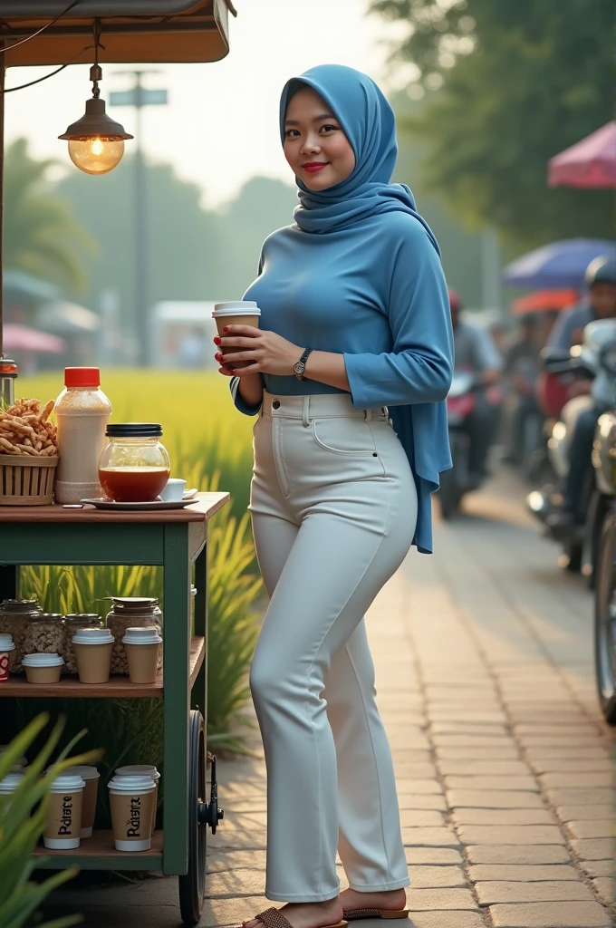 ((masterpiece, highly detailed, full body photo, realistic)). (Asian women wear blue hijabs and tight white long-sleeved trousers dresses), trousers dresses made of combed cotton that are tight and fit to cover the whole body. Hourglass body, pale skin, thick thighs, ((huge breasts)), slightly chubby, big hips, giant breasts, beautiful and sexy body. he was holding a paper cup, standing next to a mini coffee cart, filled with various coffees and snacks. background of rice fields and busy streets in the afternoon