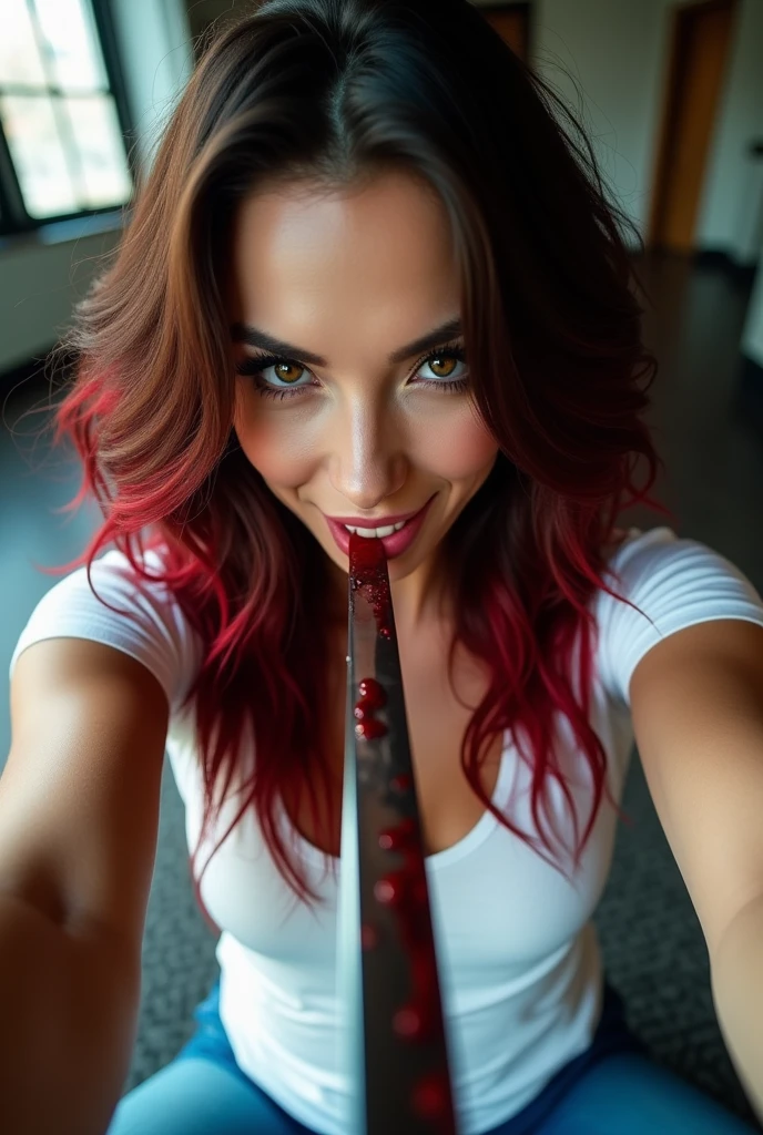 POV selfie of Lindsey Strutt, big breasts, brown hair, beautiful, gorgeous, stunning, ((licking a Japanese Katana)), evil smile, windswept hair, red and blue highlights in hair, wearing a white tee shirt and jeans, blood on her clothes and skin, in her executive office 