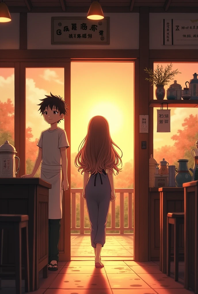 Two characthers in the frame with anime oshi no ko theme art. one character is male with flat face expression with coma hairstyle using  white t-shirt and apron on it standing behind the counter. the male character looking at Beautiful female with long hair and japanese one piece coming from the front door.  The tea shop with western traditional vibe with sunset time setting