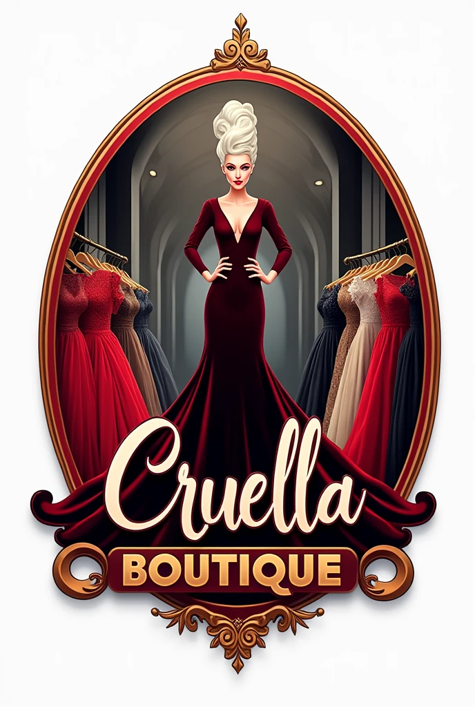 Boutique logo with Cruella de Vil in her red dress from the movie in the middle of a boutique full of dresses with a white background and the name "Cruella Boutique" in the center in 3D