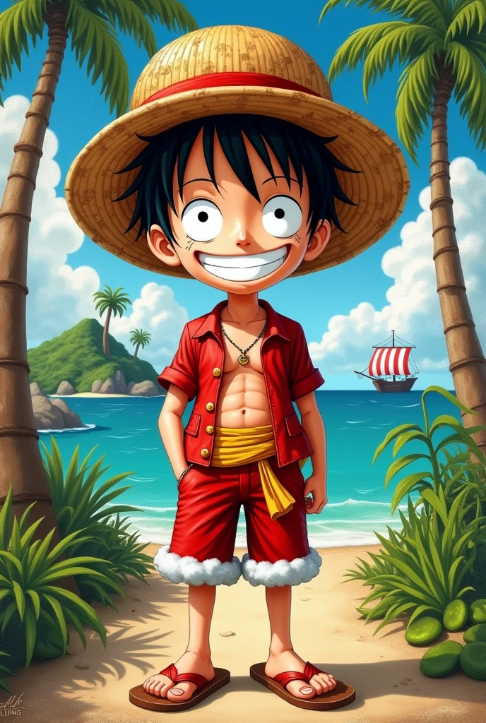 Realistic 4d caricature, 29 year old male, Indonesian face with big head, wearing a straw hat, wearing red clothes, One Piece Luffy cosplay, smiling at the camera, wearing mini sandals, standing, footpath behind view of the island and Luffy's ship one piace pirate flag, UHD cutout, hard stain, highly detailed Realistic HD oil painting