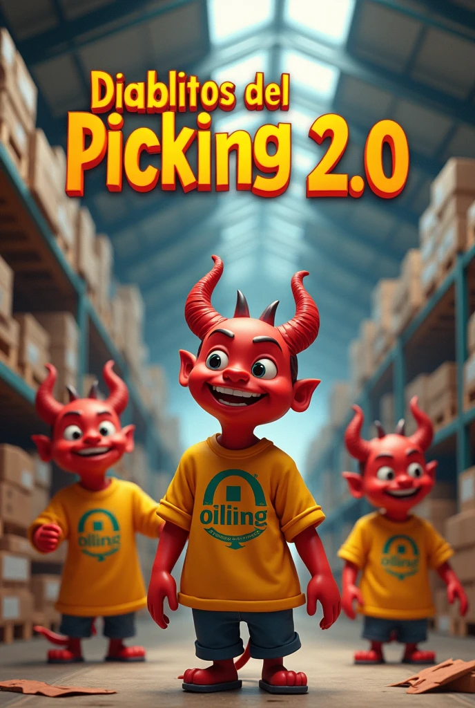 I want an image for work that has the phrase above "DIABLITOS DEL PICKING 2.0" that they are inside a free market type warehouse and they are little devils that have a yellow shirt with the free market logo and that says on top in big letters DIABLITOS DEL PICKING 2.0"