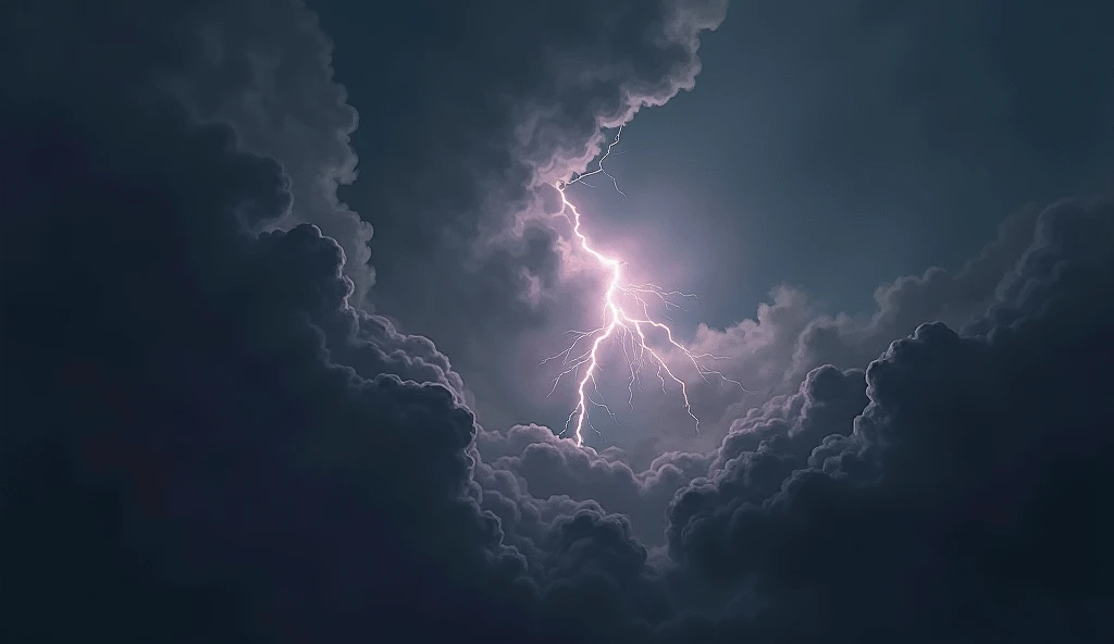 The sky is clouded over,Lightning flashes across the sky from time to time