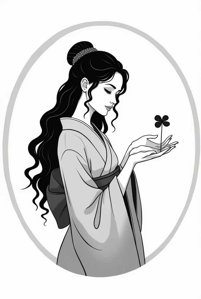 a circle logo where a beautiful woman with curly long hair facing sideview wearing kimono is holding a four leaf clover while smiling and is black and white in color
