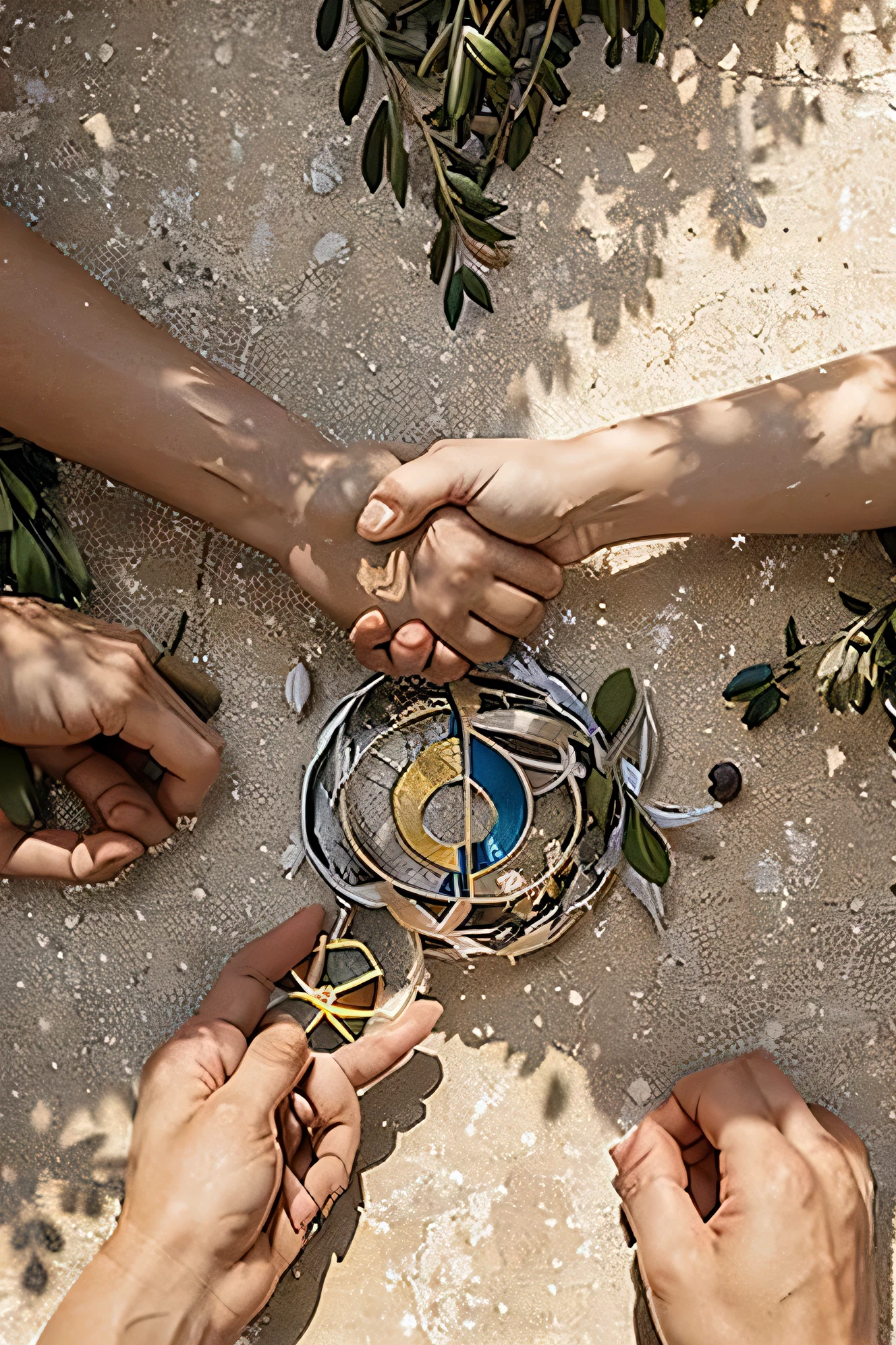 Create an image of peace symbols—doves, olive branches, and people from diverse backgrounds shaking hands—set against a backdrop of a world map. The scene is realistic and hopeful, with bright, warm lighting to symbolize harmony and unity.