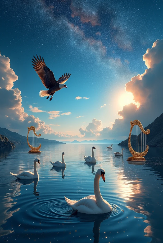 Beautifully detailed starry sky, reflections on the tranquil ocean, majestic eagle soaring, graceful swans swimming gracefully, intricate golden harps floating, (Highest Quality, 4k, 8k, High Resolution, Masterpiece: 1.2), Ultra-detailed, (Realistic, Photorealistic, Photorealistic: 1.37), Tiny stardust on the ocean surface, Dramatic lighting, Vibrant colors, Cinematic composition, Digital art, Fantasy landscapes, Award-winning artwork