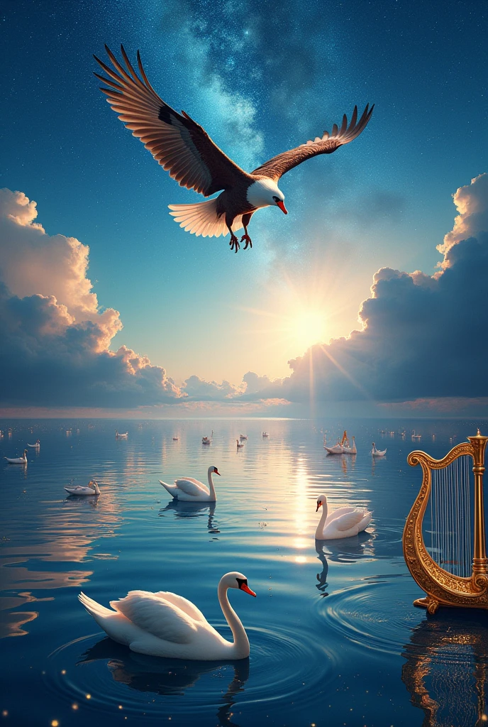 Beautifully detailed starry sky, reflections on the tranquil ocean, majestic eagle soaring, graceful swans swimming gracefully, intricate golden harps floating, (Highest Quality, 4k, 8k, High Resolution, Masterpiece: 1.2), Ultra-detailed, (Realistic, Photorealistic, Photorealistic: 1.37), Tiny stardust on the ocean surface, Dramatic lighting, Vibrant colors, Cinematic composition, Digital art, Fantasy landscapes, Award-winning artwork