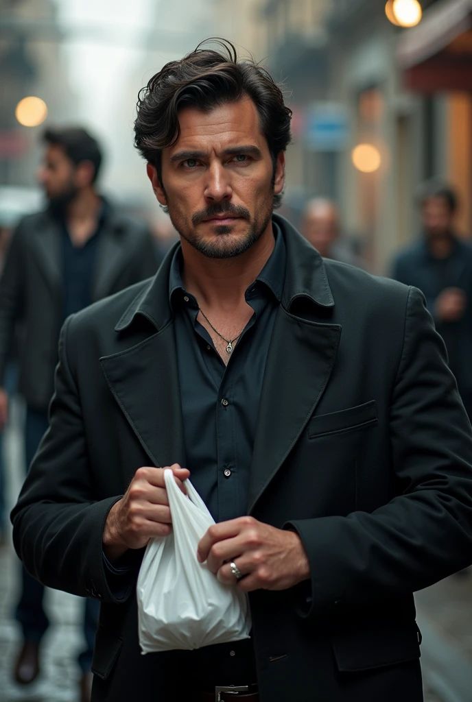 Pedro Pascal looking at the camera with a white plastic bag in his hands. on a film recording set