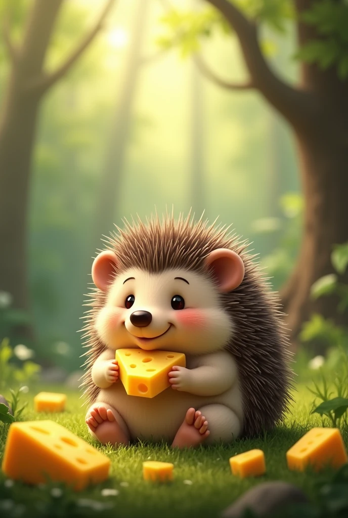 A fat hedgehog is eating cheese