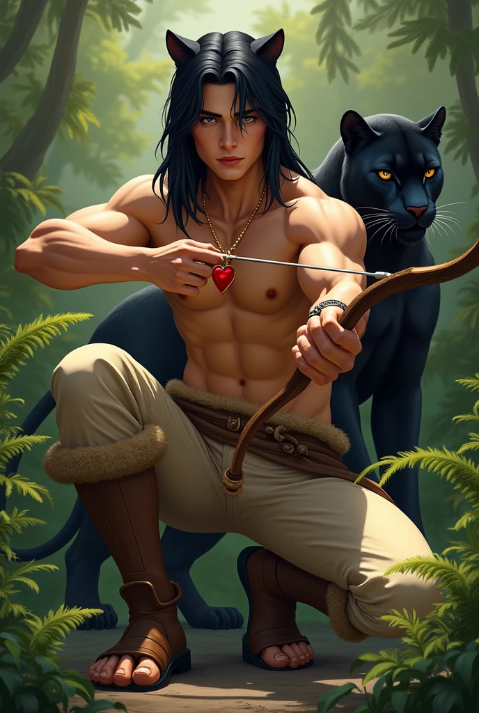 A very handsome guy with masculine features of a young man and black straight hair down to the floor with bangs to the side. He is bare-chested and has golden-tanned skin.. He is very slim and stately.. He has a red heart pendant on his chest.. There are panther ears on the head. He is wearing beige fur long pants and brown shoes in the shape of cloven hooves.. Squats in a fern thicket and shoots a bow. He smiles beautifully. Next to him is a kind black panther.