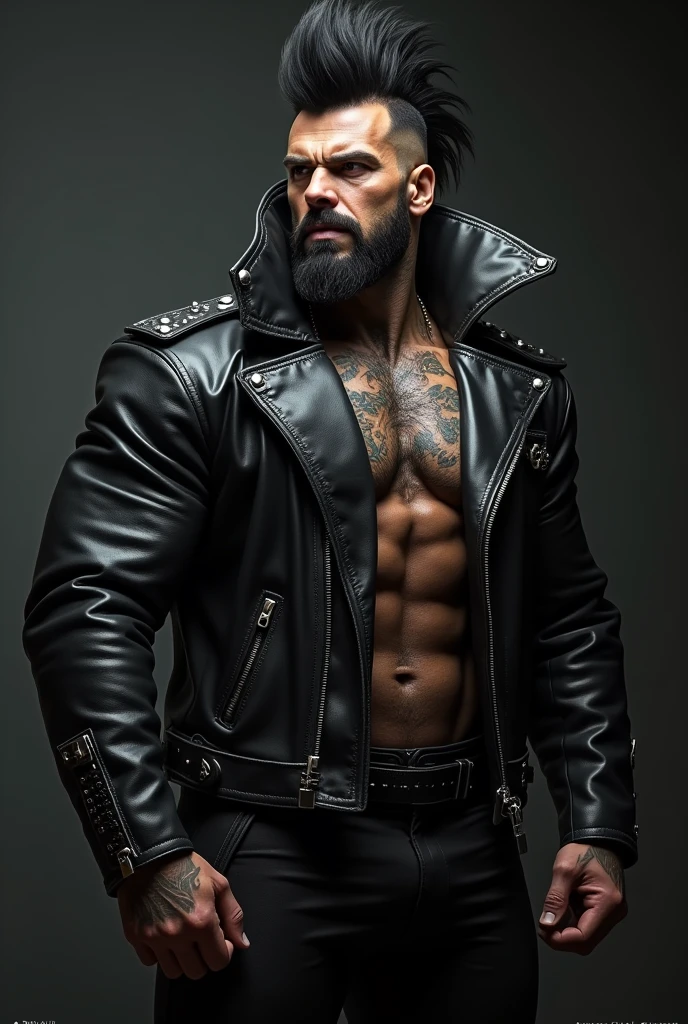 From below, a side view of a muscular man in a long black sleeved leather coat with metal studs and zippers like a rocker leather jacket and a massive, exxagerated, stiff tall high collar turned up tight against the sides of his face completely, like a spy’s coat. The collar must cover his ears and sides of the head completely.
Detailed facial features, extremely detailed muscular physique, lots of chest hair, hairy chest, masculine tattoos, large penis, massive outline of bulging penis, fierce and intimidating expression, commanding pose, black mohawk, bearded face, clear and sharp lighting, photorealistic, cinematic, hyper-realistic, high quality, 8k, ultra-detailed, physically-based rendering, studio lighting. Massive bulge. Big penis outline.
Stiff Leather collar exxaggerated to the top of the head. Turne-up collar very high and stiff. Slick black leather, very polished.