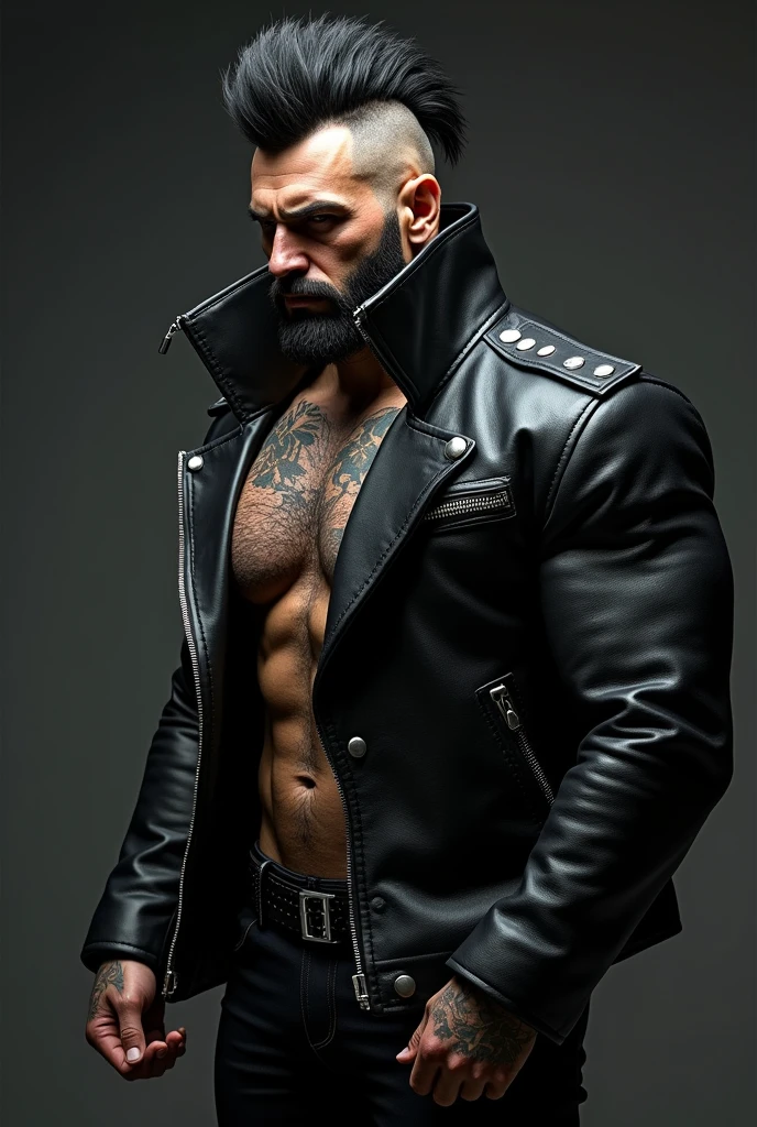 From below, a side view of a muscular man in a long black sleeved leather coat with metal studs and zippers like a rocker leather jacket and a massive, exxagerated, stiff tall high collar turned up tight against the sides of his face completely, like a spy’s coat. The collar must cover his ears and sides of the head completely.

Detailed facial features, extremely detailed muscular physique, lots of chest hair, hairy chest, masculine tattoos, large penis, massive outline of bulging penis, fierce and intimidating expression, commanding pose, black mohawk, bearded face, clear and sharp lighting, photorealistic, cinematic, hyper-realistic, high quality, 8k, ultra-detailed, physically-based rendering, studio lighting. Massive bulge. Big penis outline.
Stiff Leather collar exxaggerated to the top of the head. Turne-up collar very high and stiff. Slick black leather, very polished.