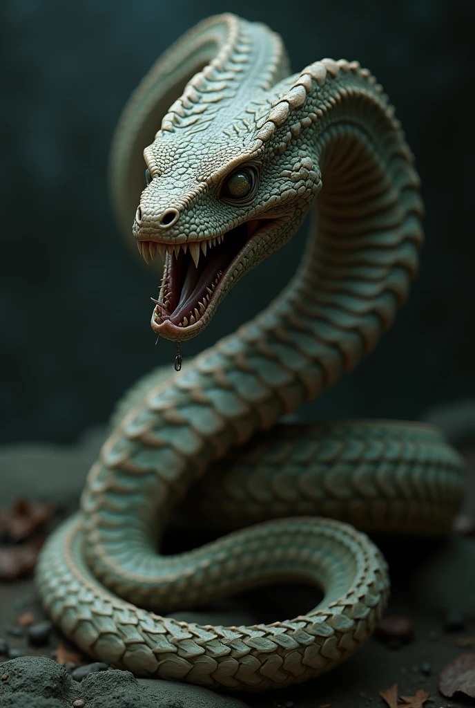 a snake-like humanoid figure, detailed reptilian features, piercing eyes, sharp fangs, scaly skin texture, sinuous body movements, coiled pose, intricate body markings, fantastical creature, dark mysterious atmosphere, moody dramatic lighting, muted earthy color palette, digital art, hyper realistic, 8k, cinematic, masterpiece