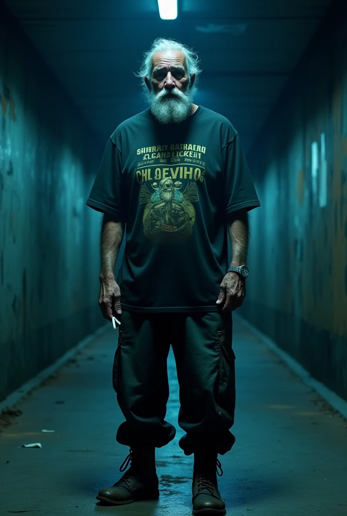 Old grandpa standing night In tunnel with baggy pants and printed T-shirt , with boots , he is Smoking like a gangster which blue shade cinematic light