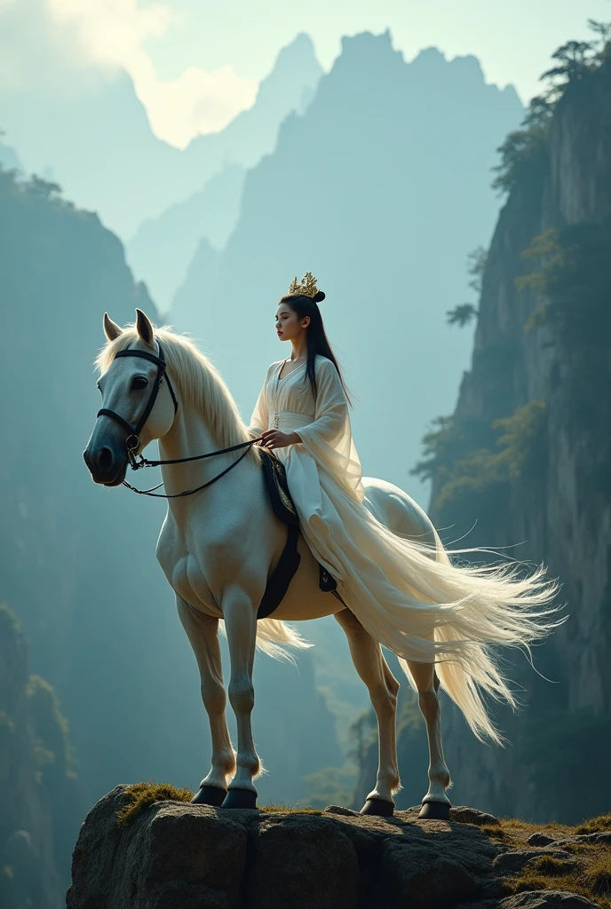 (Highly detailed, intricate detail, 8K, masterpiece, ultra sharp focus, hyper realistic, ultra HD, best quality, depth of field),
A beautiful chinese girl wearing han dress, slender body, gold crown on her head, she's ridding a white horse, side view, on the edge of rock mountain, backlighting, misty dark forest behind. Shot with Leica 50mm f/4, cinematic color grading