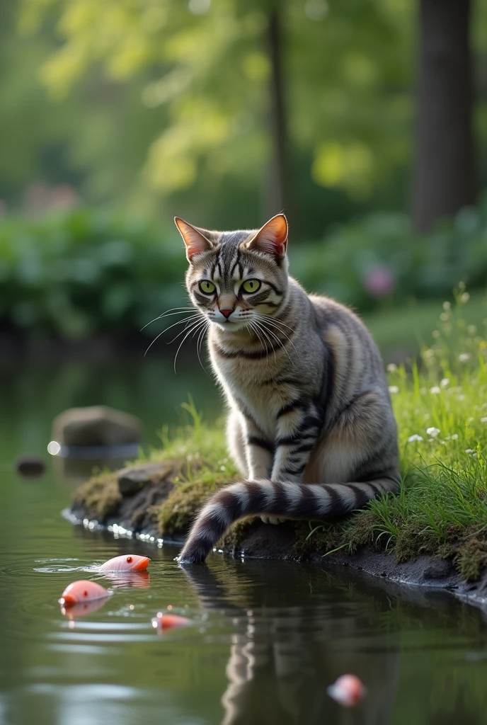 Super realistic, A cat's tail is in the water. The cat is sitting on the bank of a pond in the garden with own tail putting in the pond. The cat is staring at the own tail, You can see fish shadows in the pond. Is the cat trying to fish with its tail? (lol) bokeh effect, depth of field, hyper Realistic, Professional photography, Cinema Lighting