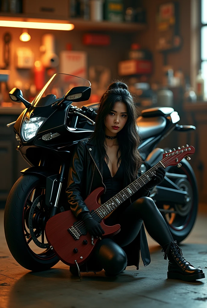 beautiful kunoichi, sitting next to a black bigbike(Kawasaki H2R) , holding an electric guitar, soft lighting, in a garage, hot pose, cool garage, intricate details, warm colors,