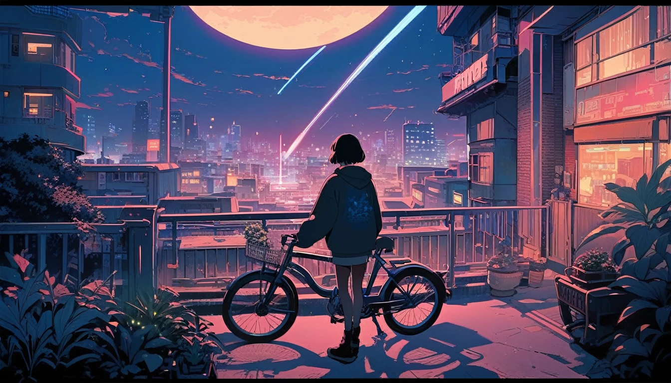 (extremely detailed CG unity 8k wallpaper), (best quality), (best illustration), (best shadow), realistic lighting, beautiful detailed reglow, masterpiece, best quality, lofi artstyle, lofi art, 80s anime style, Retro, Lo-Fi, 1boy, bicycle, black hair, building, city, city lights, cityscape, cloud, cloudy sky, facing away, from behind, ground vehicle, hood, hoodie, male focus, night, night sky, outdoors, plant, railing, scenery, shooting star, short hair, sky, skyline, solo, standing, star \(sky\), starry sky