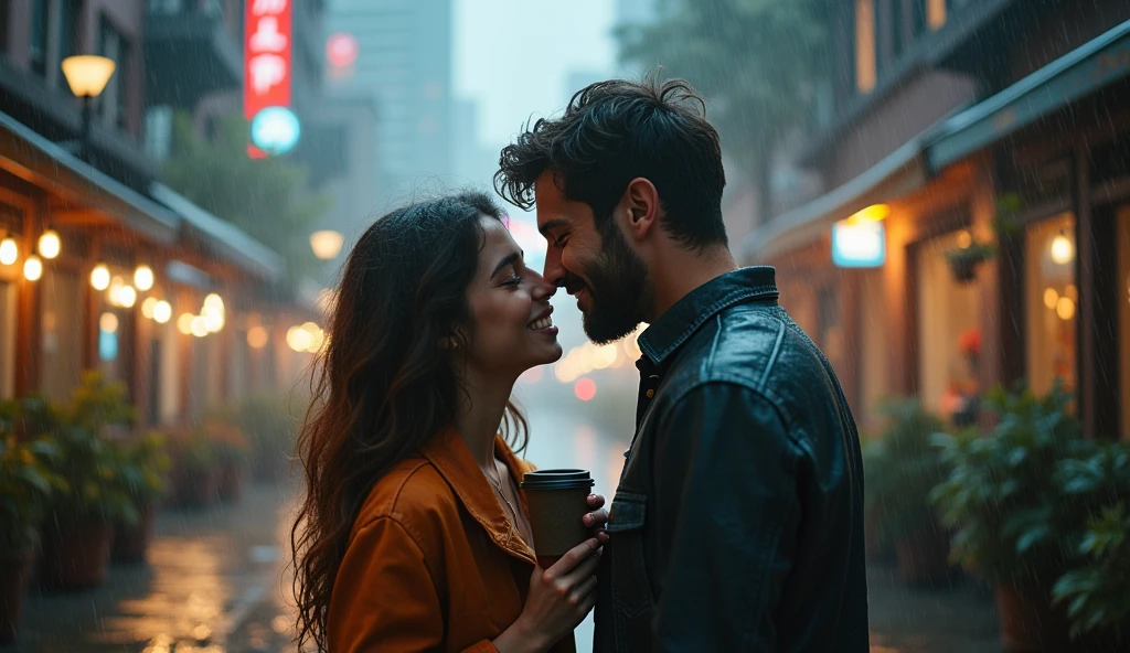 Montage Sequence: Create a visually stunning montage of Ava and Noah spending time together in different rain-drenched locations—parks, rooftops, cafes, and crowded streets. The camera focuses on small, shared moments of joy as the rain adds texture and mood to every scene. Use vibrant colors and warm lighting to contrast with the grey monsoon.