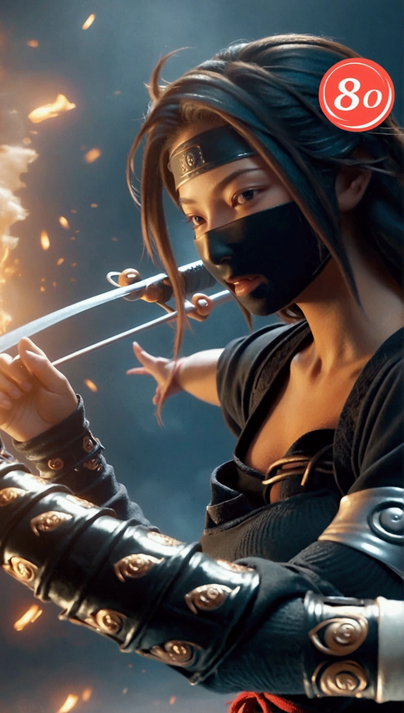 (Japanese sword &reference;Muramasa 2&reference;.2)Beautiful 27 year old woman、Japanese women、Tie your hair back、Hair ornament artist、Shinobi Costume、Warrior、Clear Eyes、{Arm tattoo(SakuraFubuki}&#39;Back Tattoo、Warrior、(Japanese swordを両手で構える、1.3)(Japanese sword1.2)Intermediate position、In front of the body、(Holding a sword horizontally 1.3)、whole body、Long Blade Sword、Realistic battle scenes、敵Warriorの返りBlood、Blood、High resolution、Highest quality、Very detailed、8k、background、The castle is burning、Sparks fly、