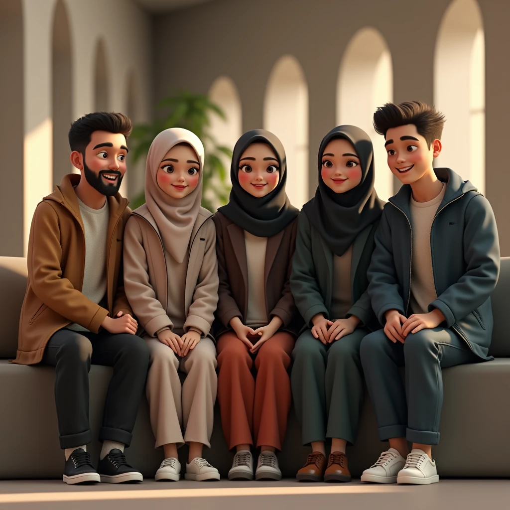 ((4 hijabless man wear jacket sitting), (2 hijabbed woman sitting), (1 hijabless teenage girl sitting)), casual fashion, happy expression, white skin people, crowdless background, extreme detail, indoor, masterpiece, 4k, adult 3D character, proportional, cinematic lighting