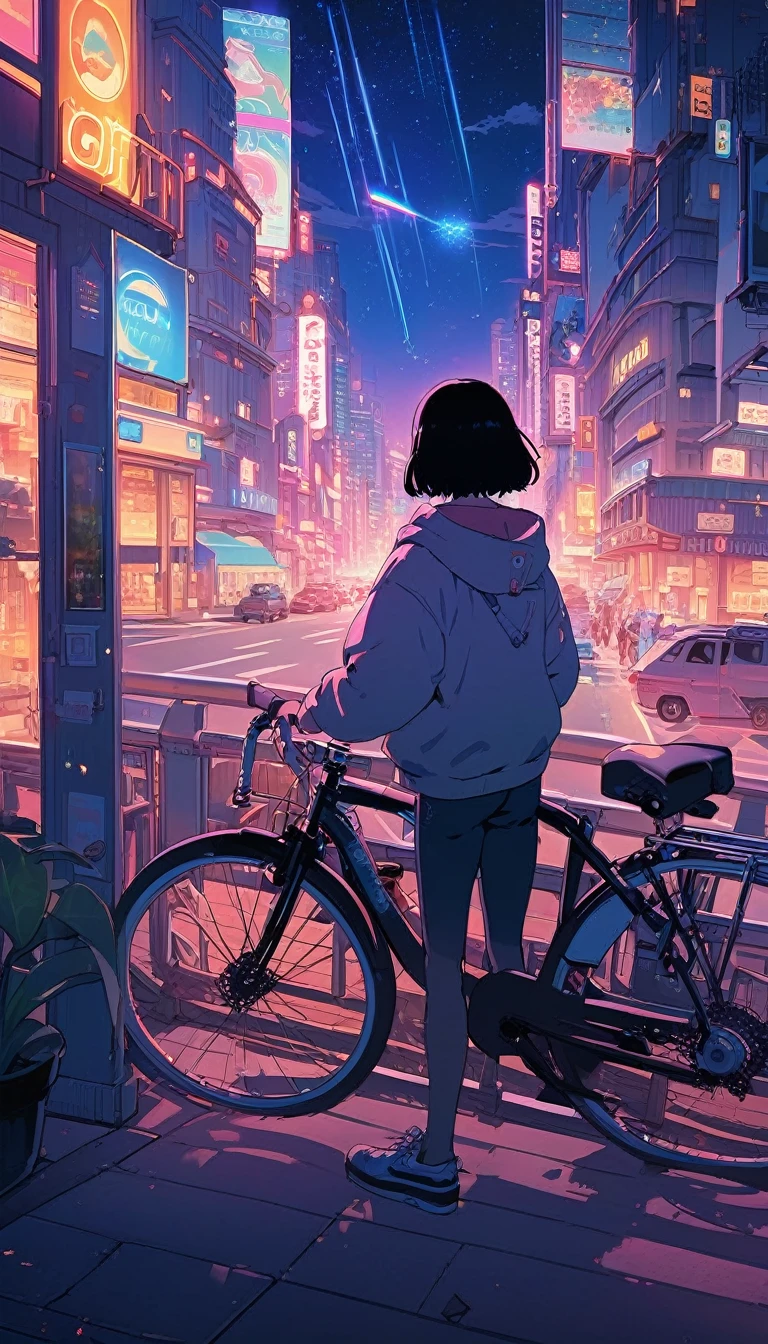 (extremely detailed CG unity 8k wallpaper), (best quality), (best illustration), (best shadow), realistic lighting, beautiful detailed reglow, masterpiece, best quality, lofi artstyle, lofi art, 80s anime style, Retro, Lo-Fi, 1boy, bicycle, black hair, building, city, city lights, cityscape, cloud, cloudy sky, facing away, from behind, ground vehicle, hood, hoodie, male focus, night, night sky, outdoors, plant, railing, scenery, shooting star, short hair, sky, skyline, solo, standing, star \(sky\), starry sky