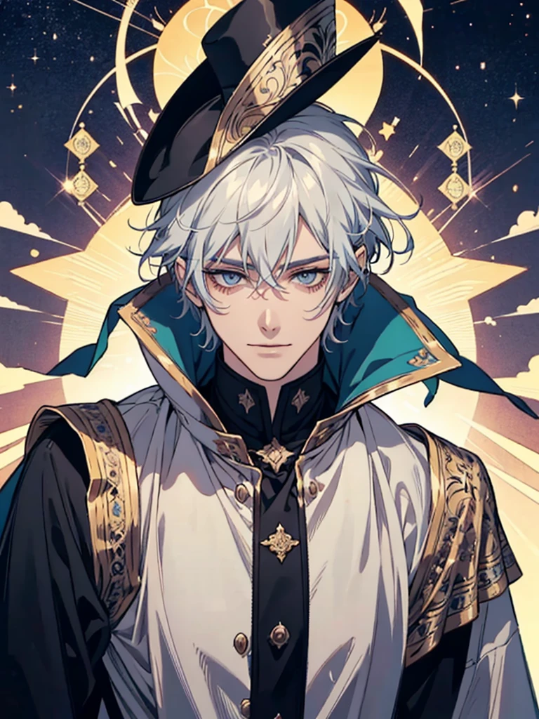 (nonsense, height, very detailed), 1 man, adult, handsome, Delicately detailed blue eyes and a detailed face., The demonic eyes stared at him., หน้ากากundercoverปกคลุมใบหน้าของเขา, Best shots,special, (Broad shoulders)) (muscle),,night sky, สวมtop hatสีดำ((There is a tarot card on the hat.)),Holding Tarot Cards,Fortune teller, \Tarot cards\, popular symbol, visual arts, undercover, universal, วิสัยทัศน์handsome, Philosophical, adhere to, science of numbers, popularity, art, Alphon Mucha, short white hair,top hat, smile, Calm expression