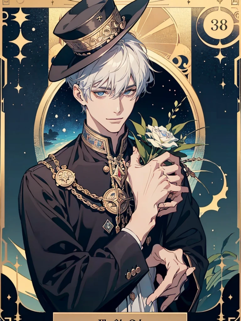(nonsense, height, very detailed), 1 man, adult, handsome, Delicately detailed blue eyes and a detailed face., The demonic eyes stared at him., หน้ากากundercoverปกคลุมใบหน้าของเขา, Best shots,special, (Broad shoulders)) (muscle),,night sky, สวมtop hatสีดำ((There is a tarot card on the hat.)),Holding Tarot Cards,Fortune teller, \Tarot cards\, popular symbol, visual arts, undercover, universal, วิสัยทัศน์handsome, Philosophical, adhere to, science of numbers, popularity, art, Alphon Mucha, short white hair,top hat, smile, Calm expression