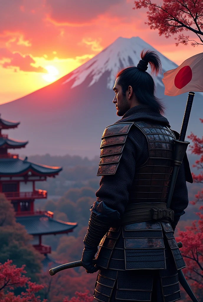 Create a background of a samurai with a katana looking towards a Japanese temple on the mountain with Mount Fuji in the background and the flag of Japan on an orange sunset and a bit of purple color