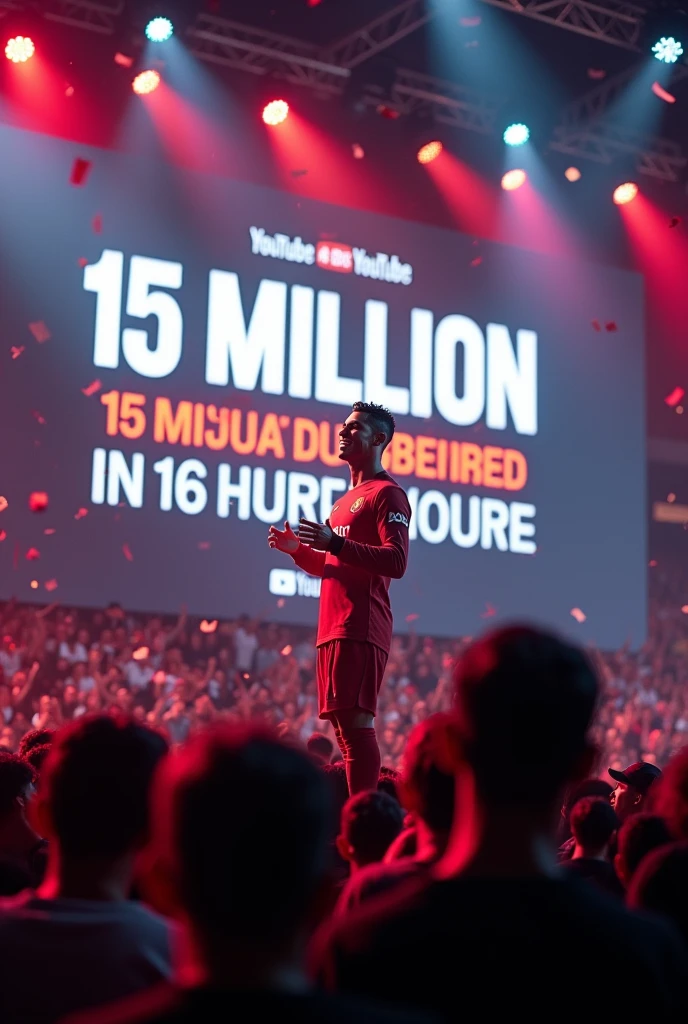 Generate an image of a high-energy launch event for Cristiano Ronaldo’s YouTube channel. Show Ronaldo on stage with a massive digital screen in the background displaying '15 Million Subscribers in 16 Hours'. The crowd should be cheering, and there should be celebratory confetti and lights."
Channel Milestone Celebration:
"Create an image of Cristiano Ronaldo surrounded by his team and fans, celebrating the milestone of 15 million subscribers. Include a large banner in the background that reads '15 Million Subscribers' and incorporate elements like YouTube logos and football imagery."
Subscriber Count Animation:
"Design an image depicting an animated digital counter rapidly increasing to 15 million subscribers, with Cristiano Ronaldo looking on with excitement. The setting should have a modern, tech-savvy vibe with YouTube branding and vibrant colors."
Social Media Buzz:
"Illustrate Cristiano Ronaldo's social media feed bursting with congratulatory messages and reactions from fans and celebrities, celebrating the 15 million subscriber achievement. Include notifications and likes streaming in as part of the visual."
Fan Interaction:
"Create an image showing Cristiano Ronaldo interacting with fans through a live YouTube video chat, with a '15 Million Subscribers' banner prominently displayed. Fans should be seen in the chat, sending messages and emojis of celebration."
Channel Content Overview:
"Design an image that showcases a montage of different types of content on Cristiano Ronaldo's YouTube channel. Include snippets like training sessions, personal vlogs, and match highlights, with a prominent overlay highlighting '15 Million Subscribers'."
Media Coverage:
"Generate an image of a bustling newsroom or media studio reporting on Cristiano Ronaldo's YouTube channel hitting 15 million subscribers. Include reporters and news screens with headlines celebrating the achievement."
Virtual Celebration:
"Illustrate a virtual celebration for Cristiano Ronaldo's YouTube