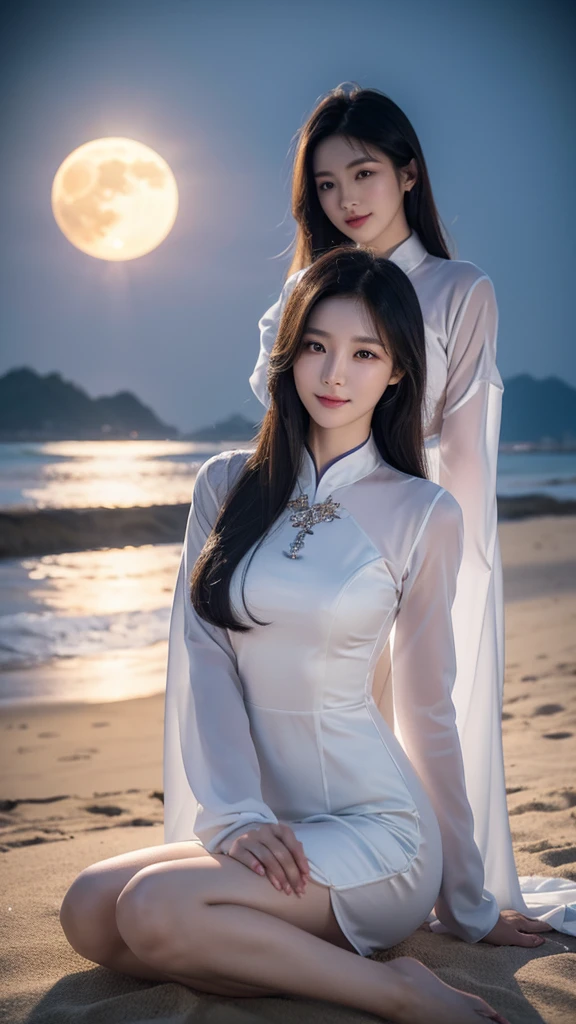 A Korean woman who is 167 cm tall and has a beautiful D-cup bust has long straight cut hair in a light color, dark blue eyes with upturned corners that give her fox-like eyes, beautiful eye makeup, a neat nose and mouth, clear and shiny skin, well-groomed fingers and toes, a slim model-like figure, and a great smile. The Korean woman is wearing a beautiful ao dai. The Korean woman is sitting and watching the supermoon on the beach in Da Nang, Vietnam, late at night on August 20, 2024. The camera is positioned away from the woman, taking a photo that includes the supermoon and the Korean woman.