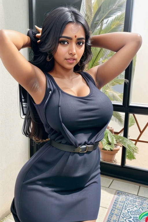 masterpiece:1.2, best quality), (real picture, intricate details), dslr shot of busty sri lankan girl in tight dress showing her huge sweaty armpits stain