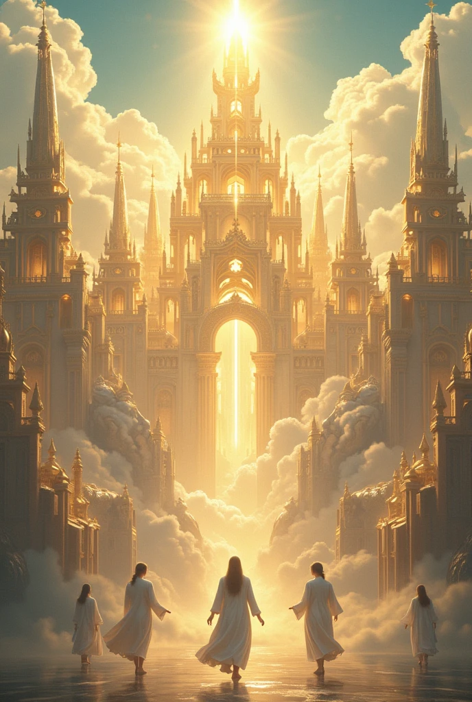 Paradise, a shining city in the sky that seems made of gold with people in white robes and full of angels