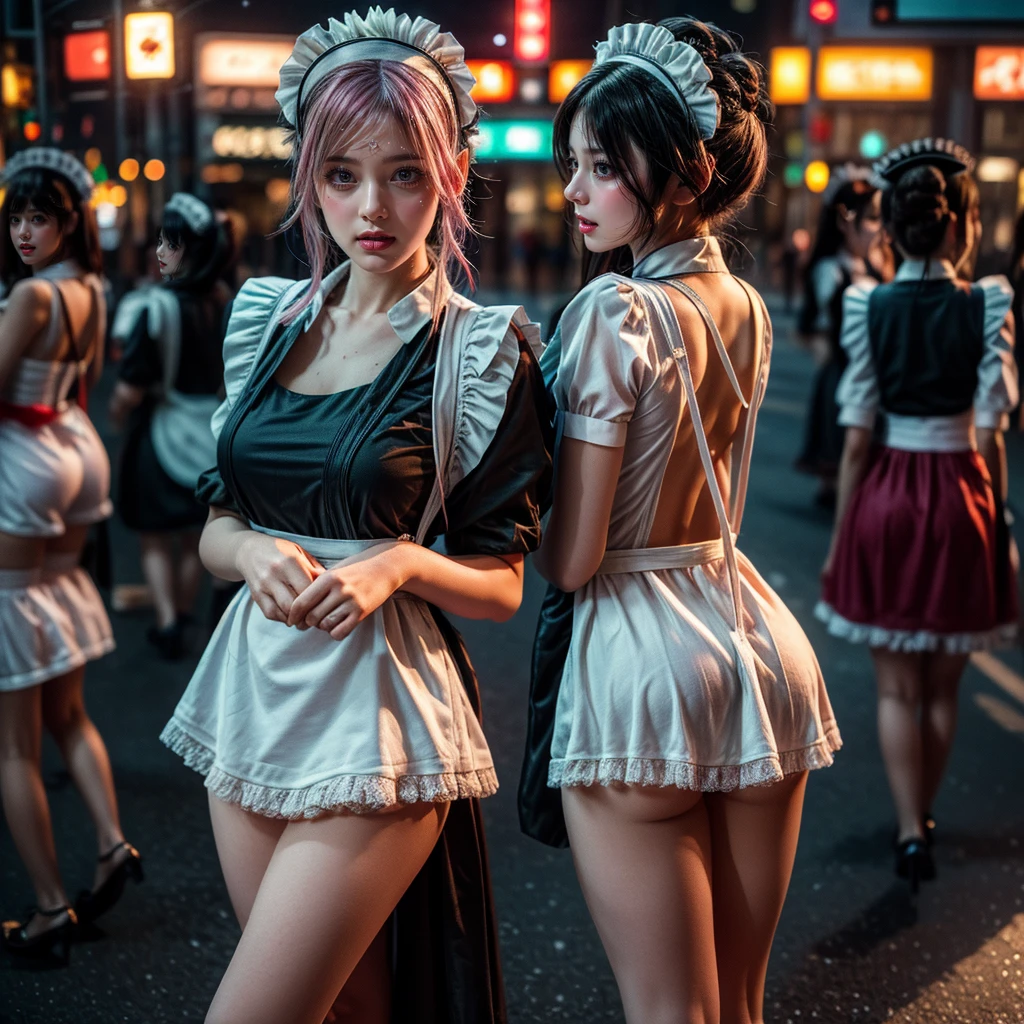 (Extremely Detailed(( Sexy Maid Group in a row:1.37))), KAWAII perfect face, Reflective Eyes, Detailed(Delicate Clothing textures), Correct graceful legs, Dynamic Joyful Expressions LifeLike Rendering, Specular Reflection, TopQuality 8K Ultra-detailed masterpiece (ProfessionalPhoto:1.37), (Acutance:0.8), (Luminism:1.28), ((Shibuya Scramble Crossing)), (Colorful Light particles), ((Full body from side)) {MicroMini Skirt|Kissing Face to Face|Thigh Gap|Cute Peach AssFocus|(NakedApron with (Overflowing SideBoob))}, Radiant Fine Skin with Transparency, {Pink Hair|LightBlue Hair|Pure White Hair|Blonde|Liquid Hair|Red HighHeels}, Perfect Lighting, {Large screens Showing them|Dynamic Angle}