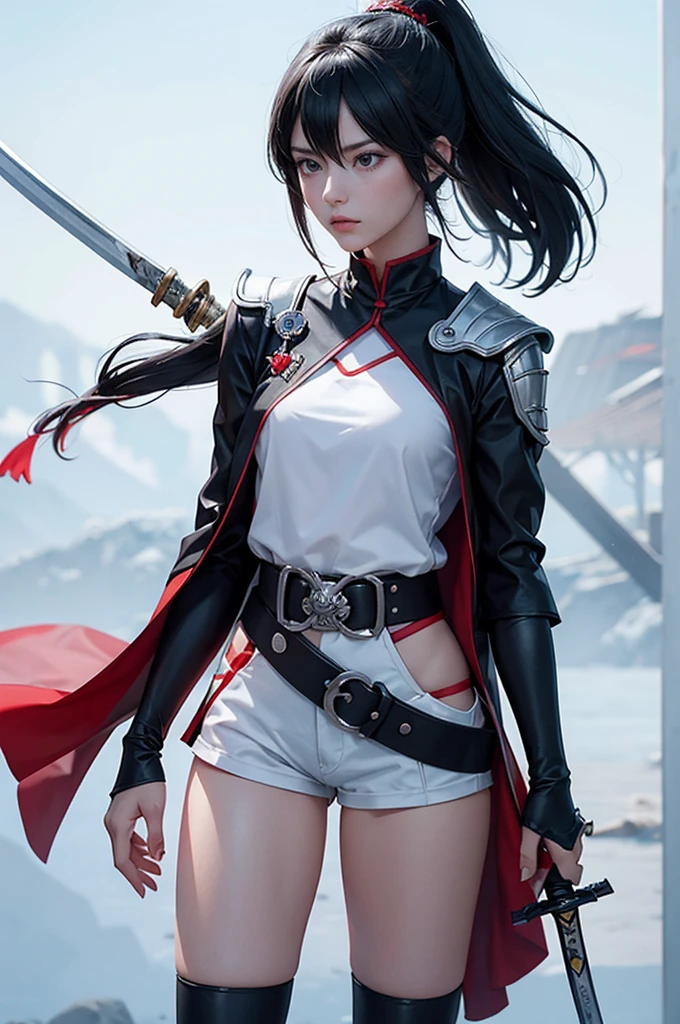 (Pure white background)Female figure holding a sword,Sword in hand,Long flowing silver-white hair,Black coat,White inner wear,Short shorts,belt,Mechanical scabbard,The other hand holds the scabbard, Katana Zero 女性动作动漫女孩, Game of the original painting, Makai Ryuko, Katana Zero, Attractive matoi ryuko, Kushat Kents, Anime Character Art, Anime Concept Art, Kushat Krenz Key Art Women, Anime full body illustration