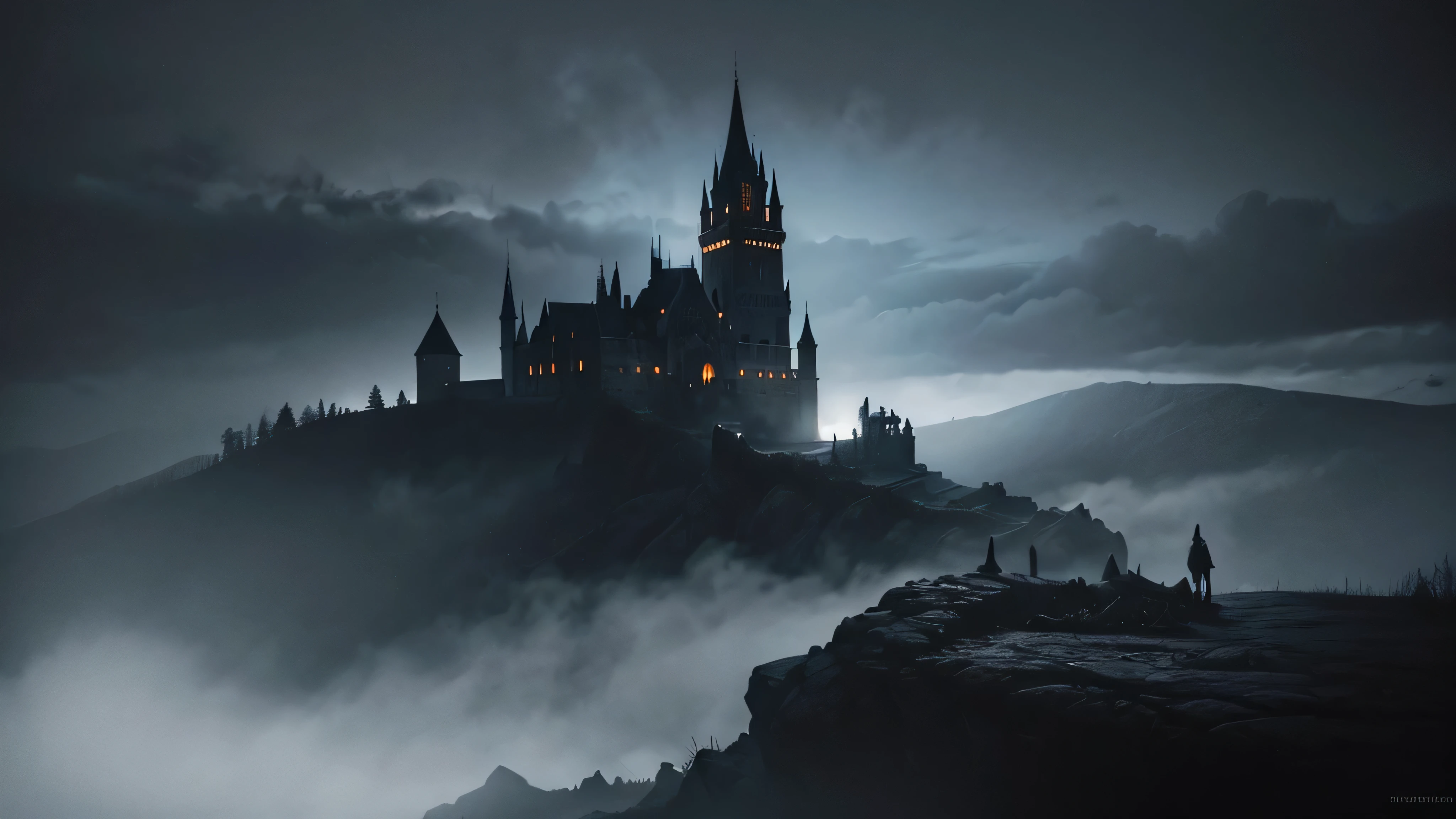 a dark fantasy scene, dramatic moody lighting, ornate castle on a cliff, fog swirling around, ghostly figures in the distance, dark clouds in the sky, full moon, dramatic atmosphere, intricate details, cinematic composition, muted color palette, gothic architecture, dramatic lighting and shadows, highly detailed, masterpiece, photorealistic, 8k