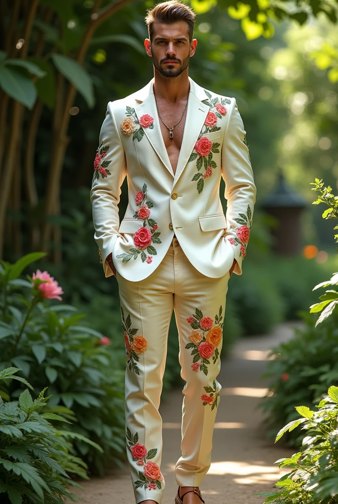 Believe me 1 male outfit of the spring season/summer, that is inspired by flowers and plants, Let it be extravagant but simple, full body