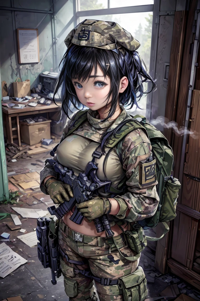 ((​masterpiece、ultra fine photos、top-quality、超A high resolution、Photorealsitic、foco nítido、bustshot))、、Beautiful Female Soldier、delicated face、fair white skin、High Detail Skin、realistic skin detail、Cropped Shorthair、Camouflage Cap、Combat equipment、Black undershirt、Army Long Sleeve Camouflage Uniform、Camouflage pants、Combat gloves、Holding the rifle with both hands、rucksack、Detailed and complex busy background、A room in an abandoned building、White smoke、Detailed face and chest depiction、Detailed hand depiction、combat pose、Dynamic action、watching at viewers、Colossal 