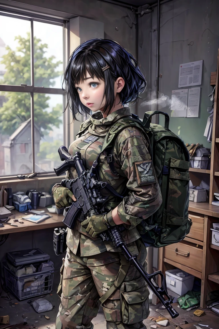 ((​masterpiece、ultra fine photos、top-quality、超A high resolution、Photorealsitic、foco nítido、bustshot))、、Beautiful Female Soldier、delicated face、fair white skin、High Detail Skin、realistic skin detail、Cropped Shorthair、Camouflage Cap、Combat equipment、Black undershirt、Army Long Sleeve Camouflage Uniform、Camouflage pants、Combat gloves、Holding the rifle with both hands、rucksack、Detailed and complex busy background、A room in an abandoned building、White smoke、Detailed face and chest depiction、Detailed hand depiction、combat pose、Dynamic action、watching at viewers、Colossal 