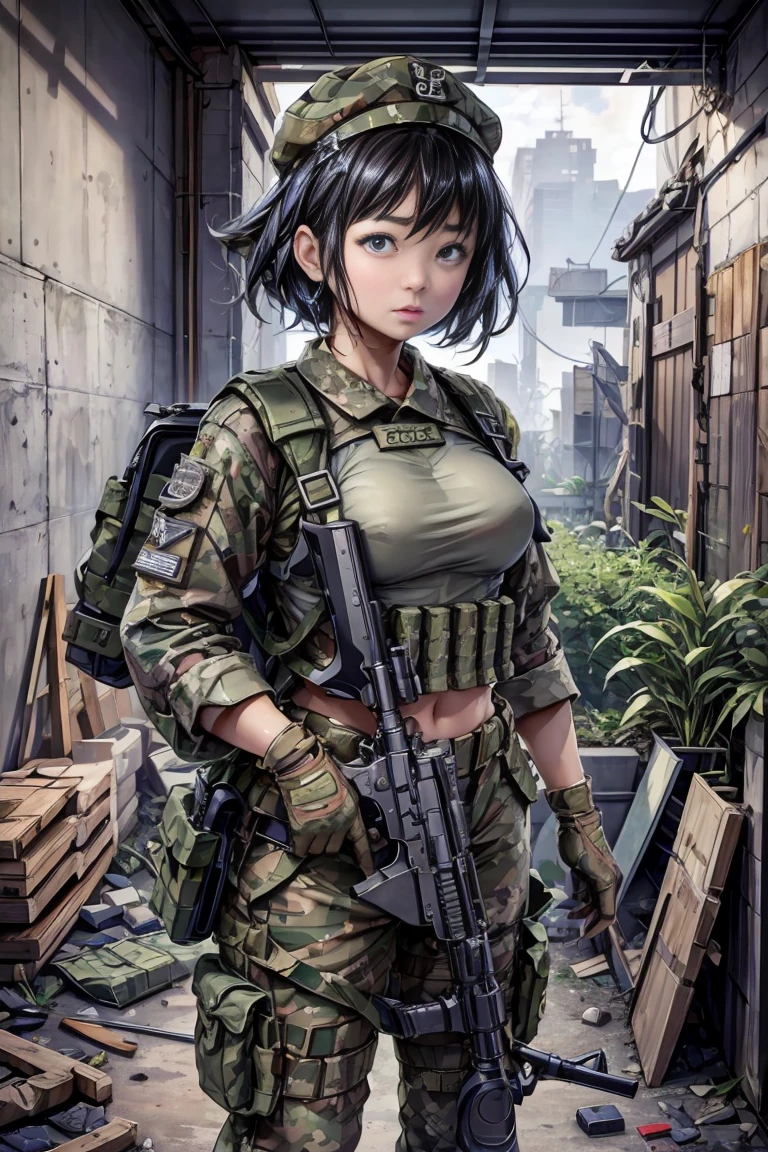 ((​masterpiece、ultra fine photos、top-quality、超A high resolution、Photorealsitic、foco nítido、bustshot))、、Beautiful Female Soldier、delicated face、fair white skin、High Detail Skin、realistic skin detail、Cropped Shorthair、Camouflage Cap、Combat equipment、Black undershirt、Army Long Sleeve Camouflage Uniform、Camouflage pants、Combat gloves、Holding the rifle with both hands、rucksack、Detailed and complex busy background、A room in an abandoned building、White smoke、Detailed face and chest depiction、Detailed hand depiction、combat pose、Dynamic action、watching at viewers、Colossal 