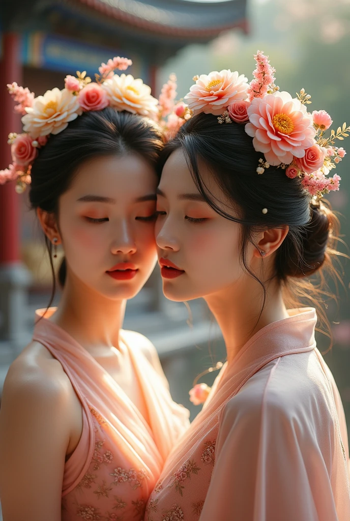 Traditional Chinese culture, wearing flowers, beautiful women, wearing flowers, ancient architecture background, Sun light, Telephoto Lens, back 9:16 