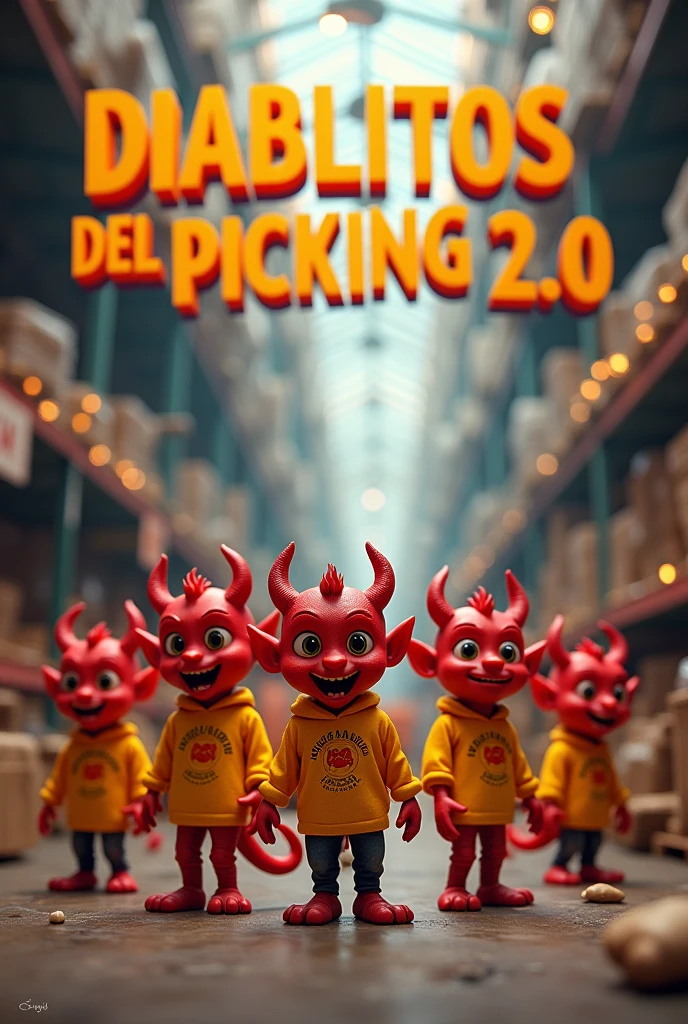I want an image for work that has the phrase above "DIABLITOS DEL PICKING 2.0" that they are inside a free market type warehouse and they are little devils that have a yellow shirt and inside the shirt a logo very similar to that of the free market and that says above in big letters DIABLITOS DEL PICKING 2.0"